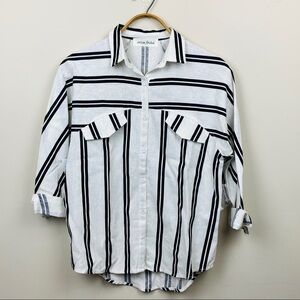 Caren Forbes || Black Striped Linen Button Down